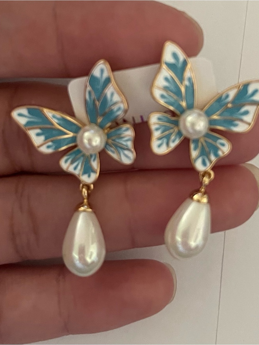 Elegant Blue Butterfly Pearl Drop Earrings - Women Jewelry